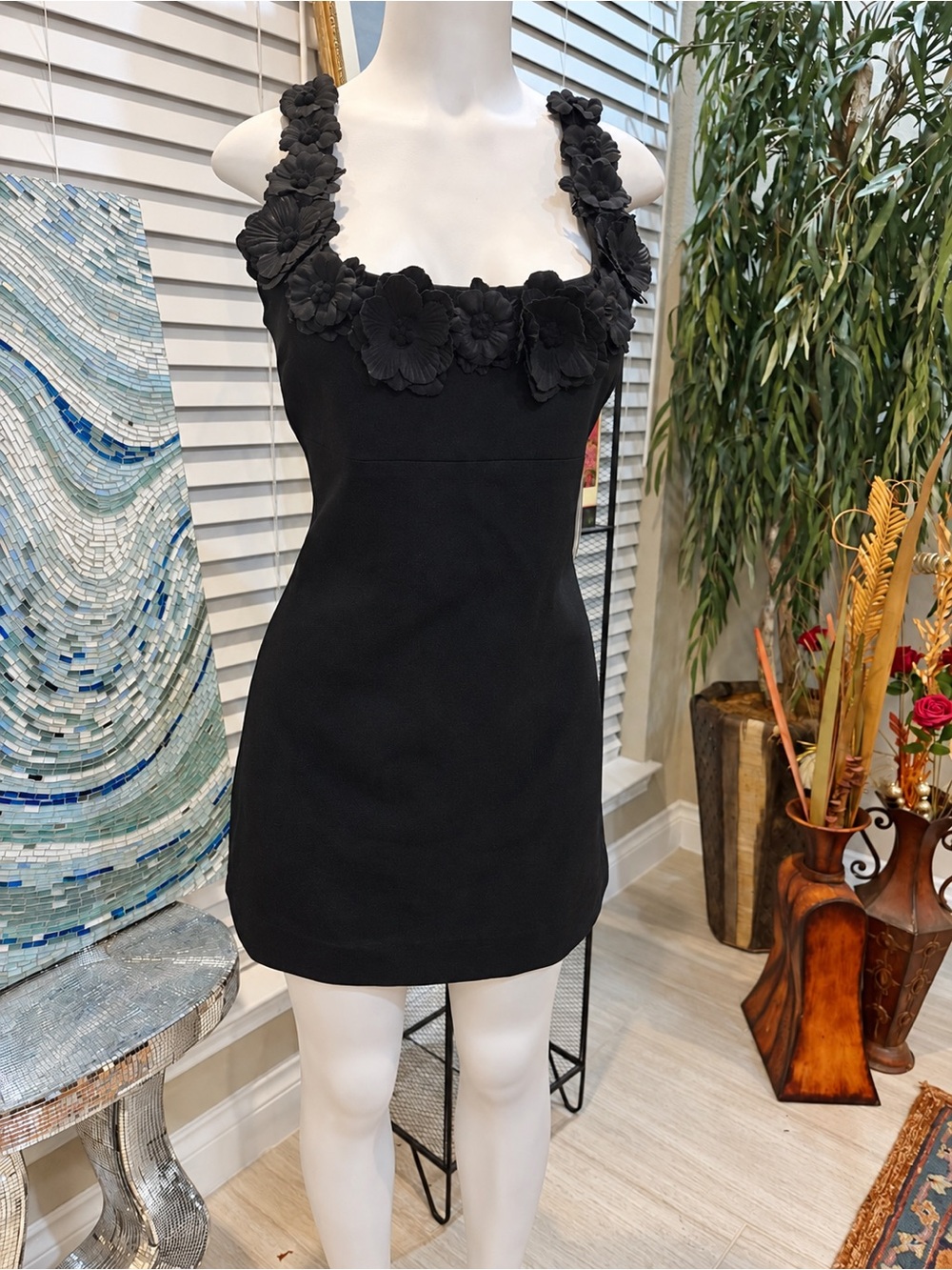 Aqua Black Floral-Appliqué Mini Dress